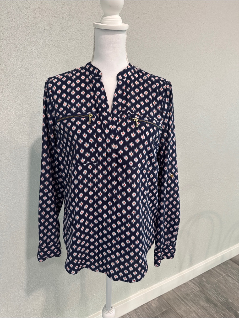 MICHAEL Michael Kors Navy Geometric-Print Zip Pocket Blouse